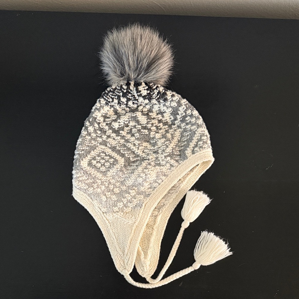 J. Jill Fair Isle Cream and Gray Knit Beanie with Pom Pom and Tassles